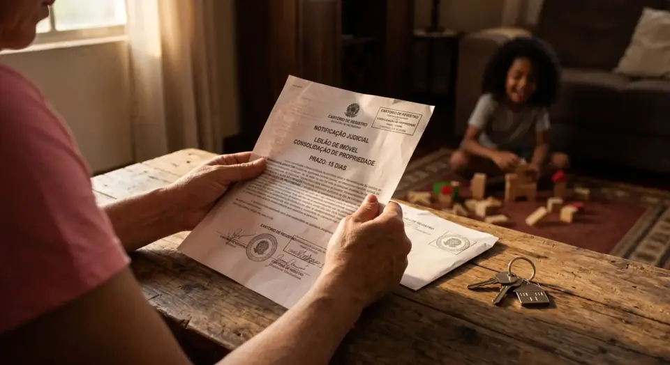 Proprietária segurando notificação de leilão de imóvel e consolidação de propriedade enviada pelo cartório